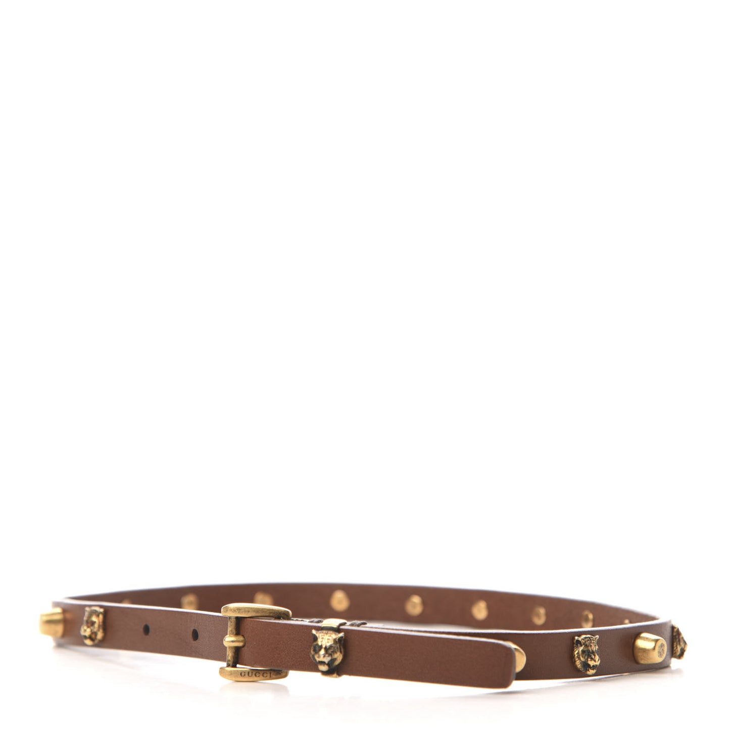Calfskin Feline Head Studded Choker Brown