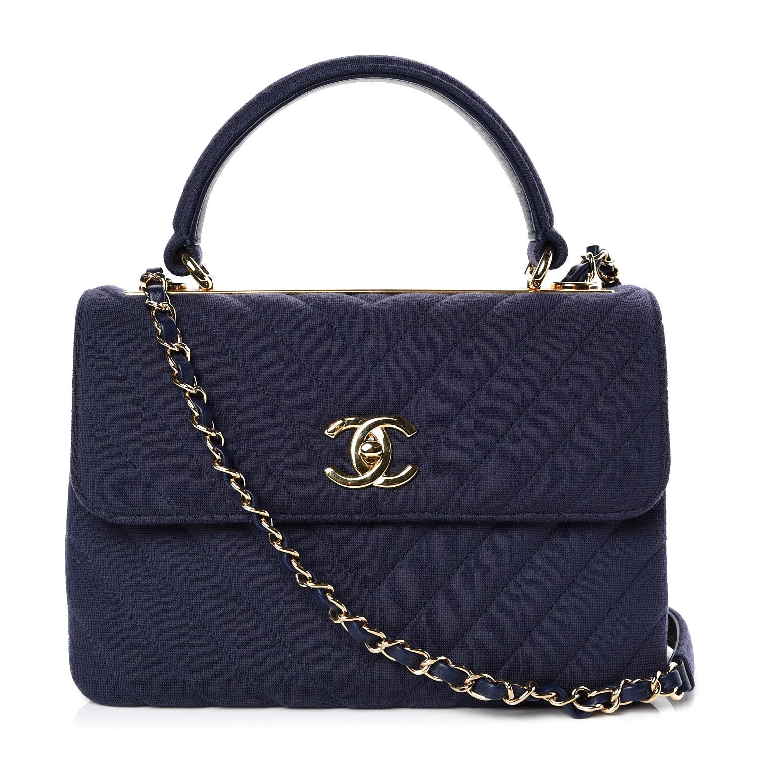 Chanel Jersey Chevron Quilted Small Trendy CC Dual Handle Flap Bag Navy Blue 1 of 8
