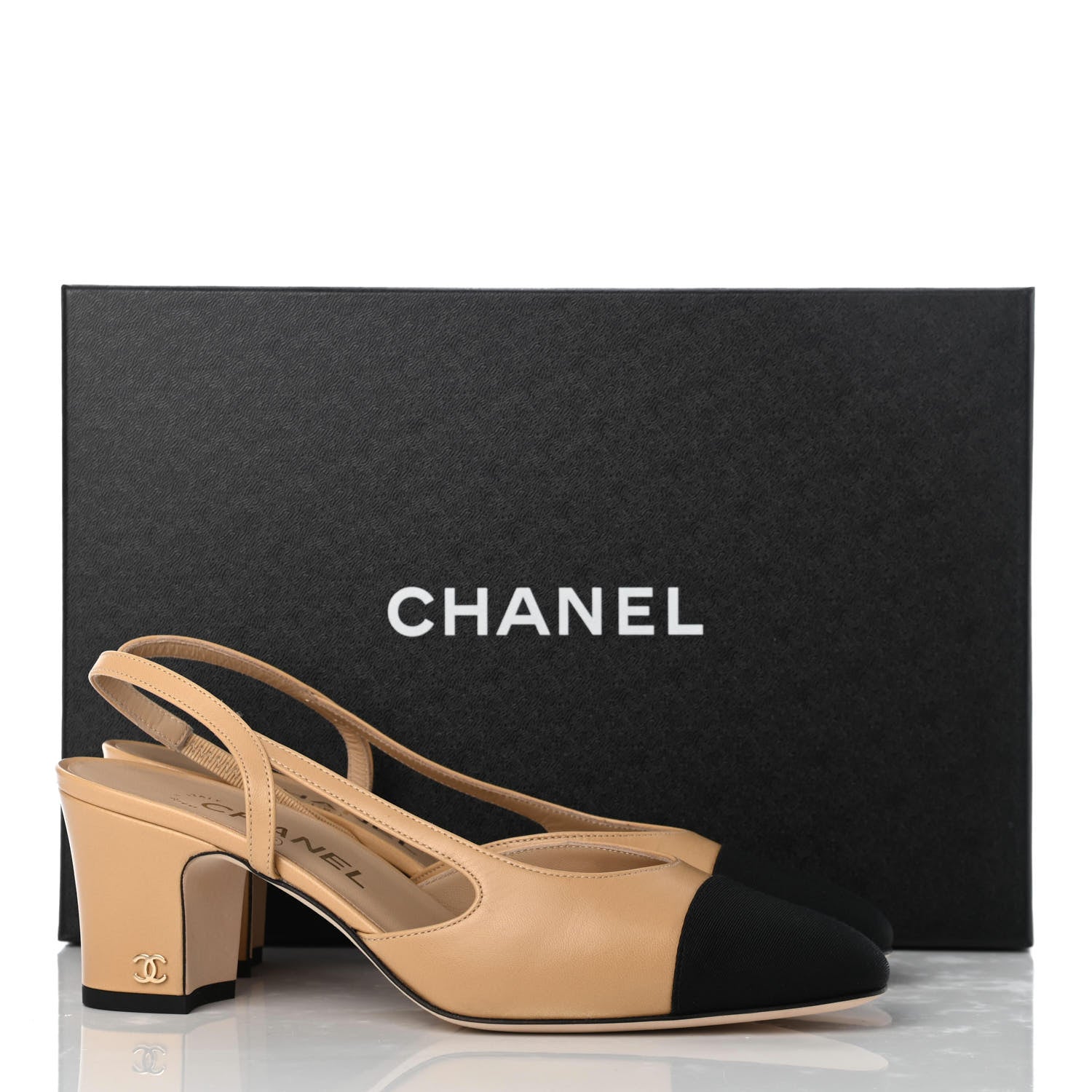 Chanel Goatskin Grosgrain Cap Toe CC Slingback Pumps 37 Beige Black 17 of 18