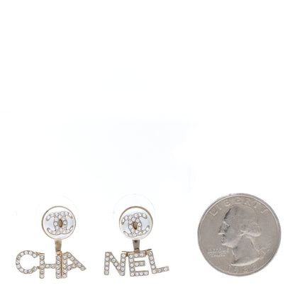 Chanel Pearl Crystal Logo Earrings Gold Pearly White 2 of 5