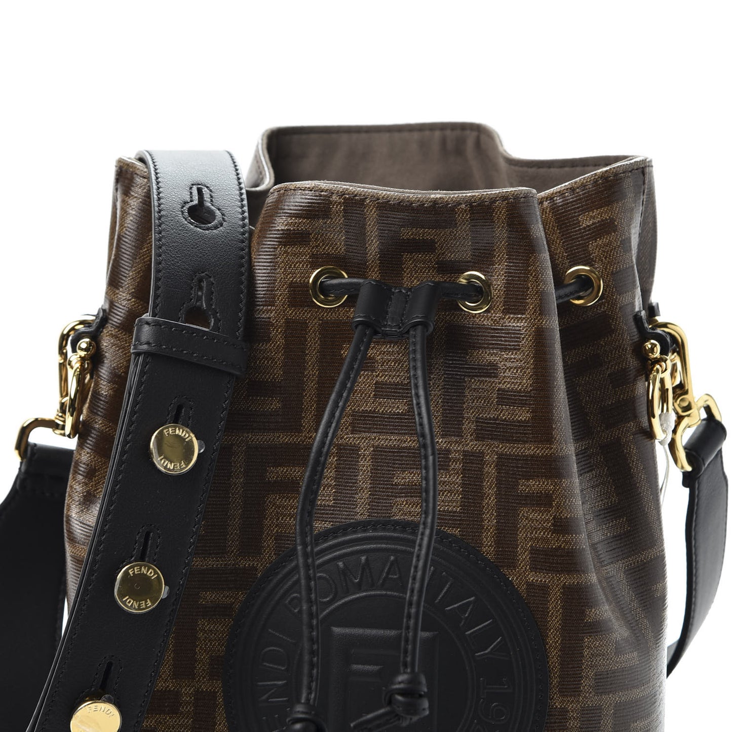 Glazed Fabric Vitello Grace F is Fendi FF 1974 Stamp Patch Grande Mon Tresor Bucket Bag Mogano Panna Black