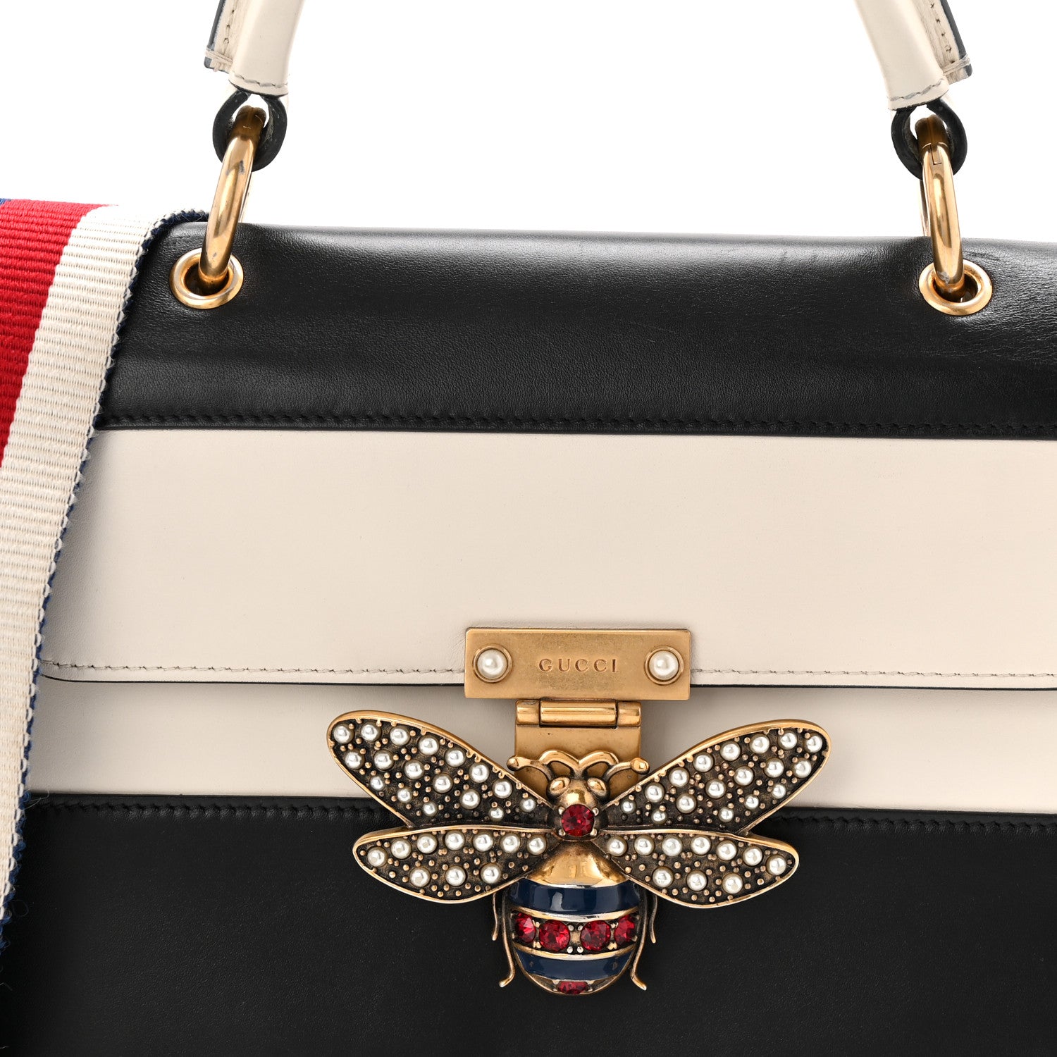 Gucci Calfskin Sylvie Web Small Queen Margaret Top Handle Bag Black White 8 of 10