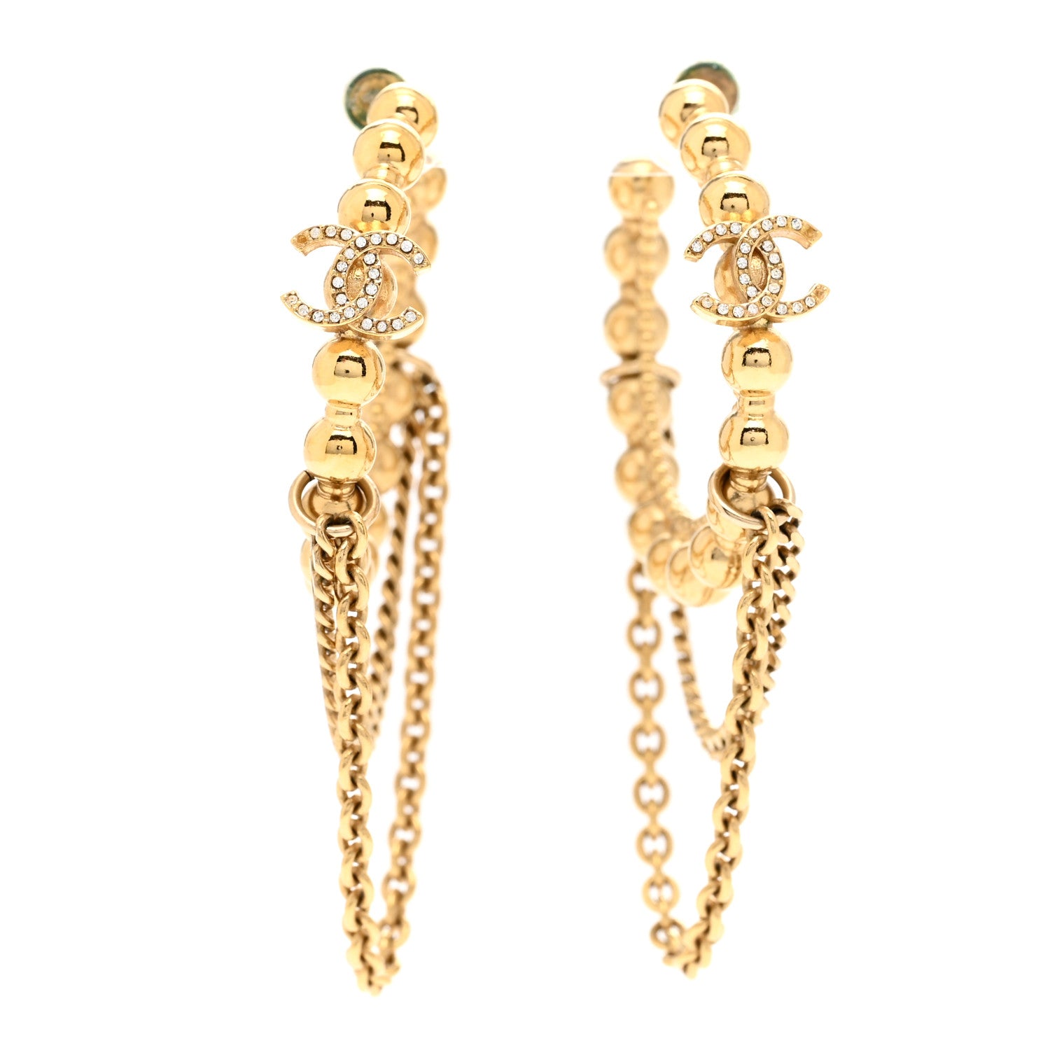 Chanel Metal Crystal Bead Chain CC Hoop Earrings Gold 1 of 5