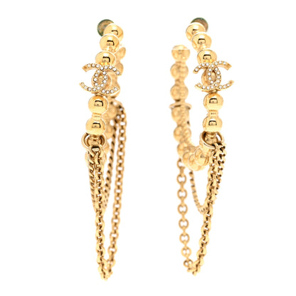 Chanel Metal Crystal Bead Chain CC Hoop Earrings Gold 1 of 5