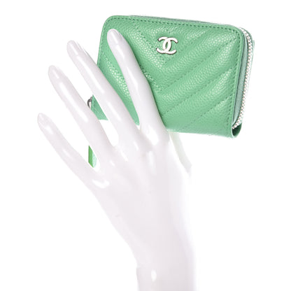 Chanel Caviar Chevron Quilted Zip Around Coin Purse Light Green 2 of 9