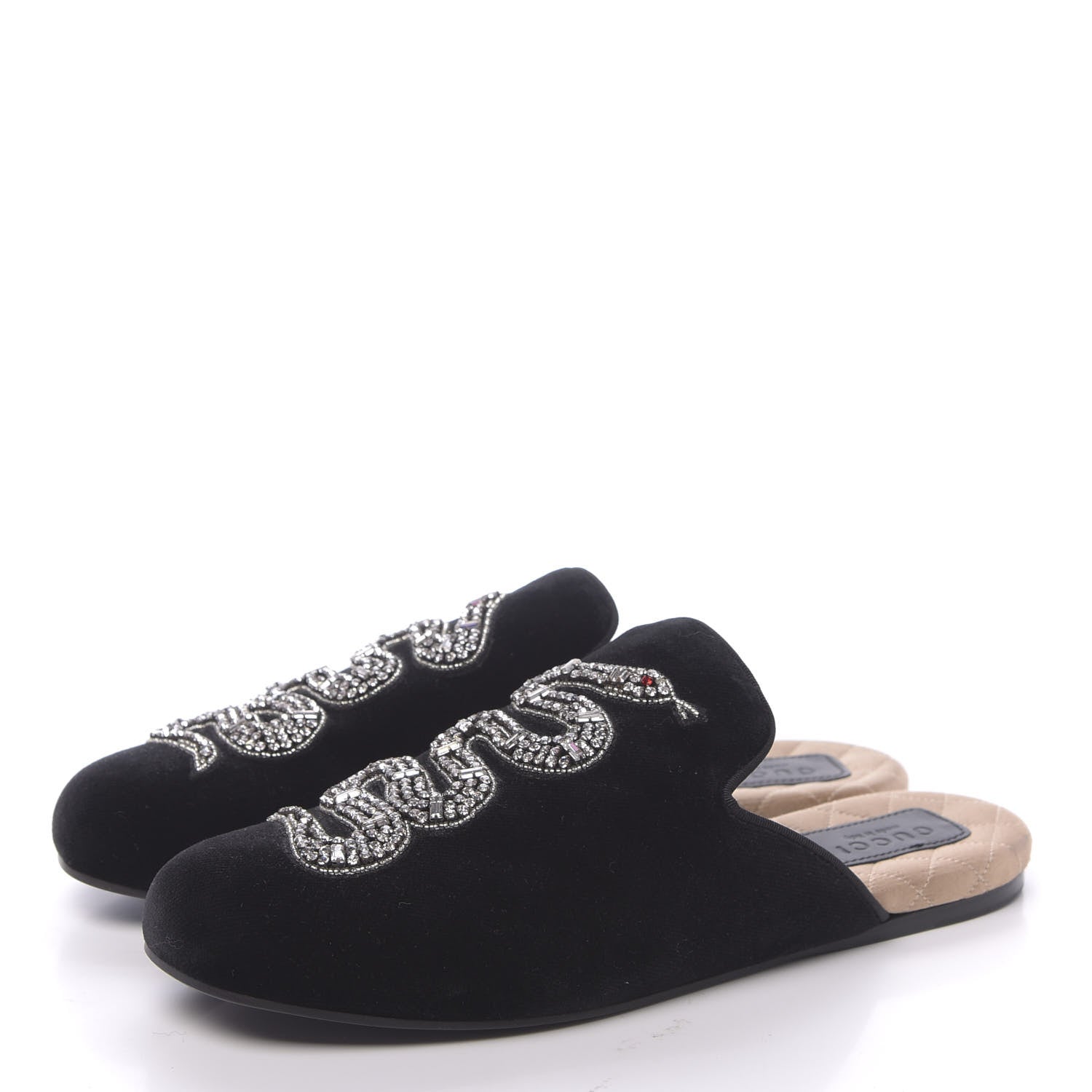 Gucci Velvet Crystal Snake Embroidered Womens Slippers 37.5 Black 3 of 9