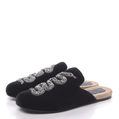 Gucci Velvet Crystal Snake Embroidered Womens Slippers 37.5 Black 3 of 9