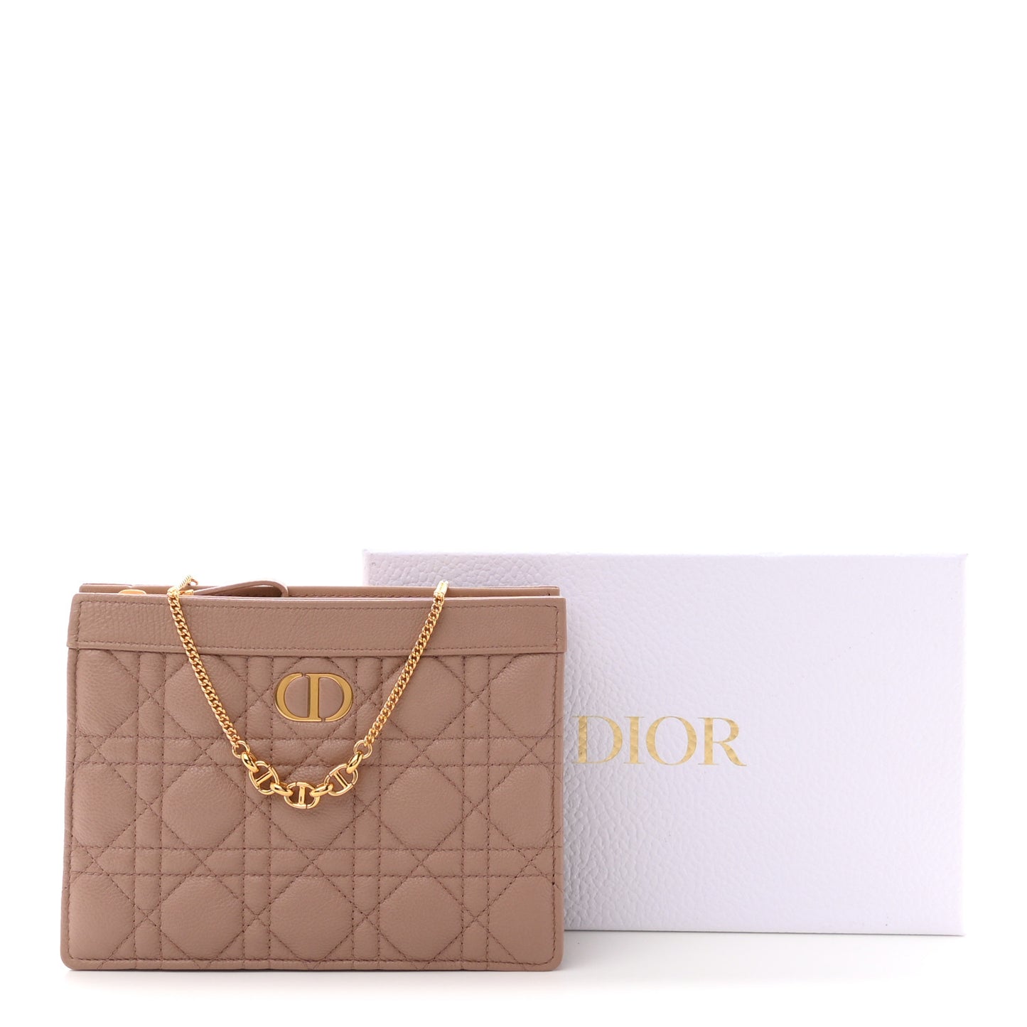 Calfskin Cannage Caro Zipped Pouch With Chain Rose Des Vents