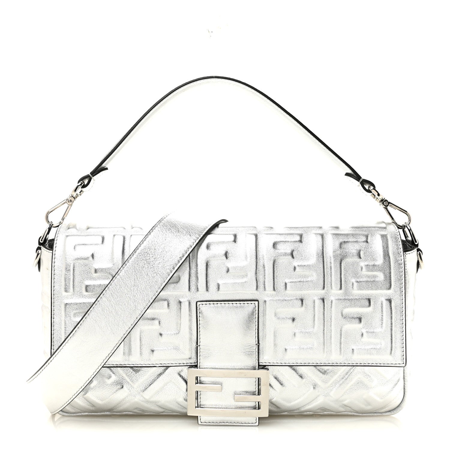 Fendi Vitello Catalan Mirror FF 1974 Embossed Large Baguette Argento 1 of 14
