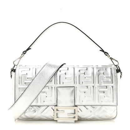 Fendi Vitello Catalan Mirror FF 1974 Embossed Large Baguette Argento 1 of 14