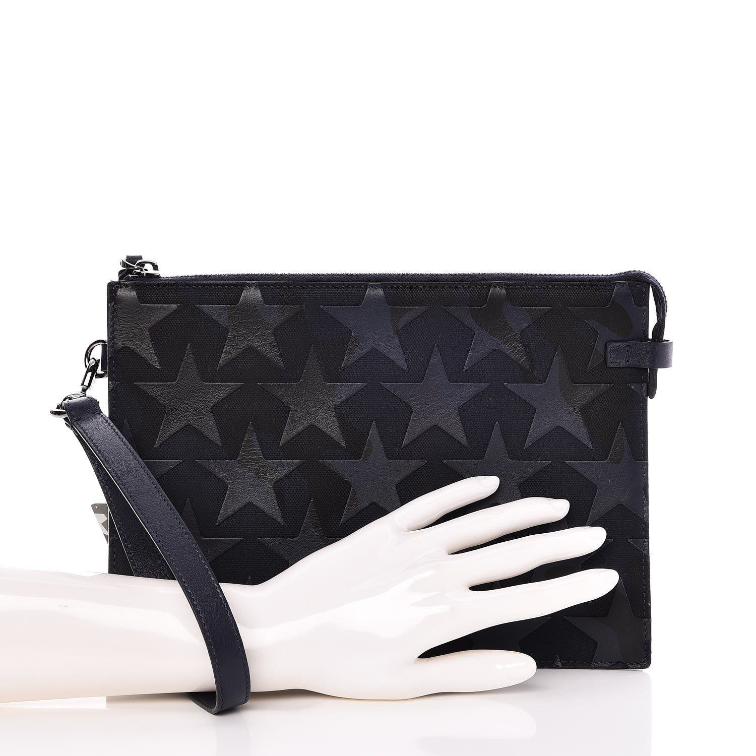Valentino Garavani Canvas Leather Applique Camustars Zip Wristlet Pouch Blue 2 of 7