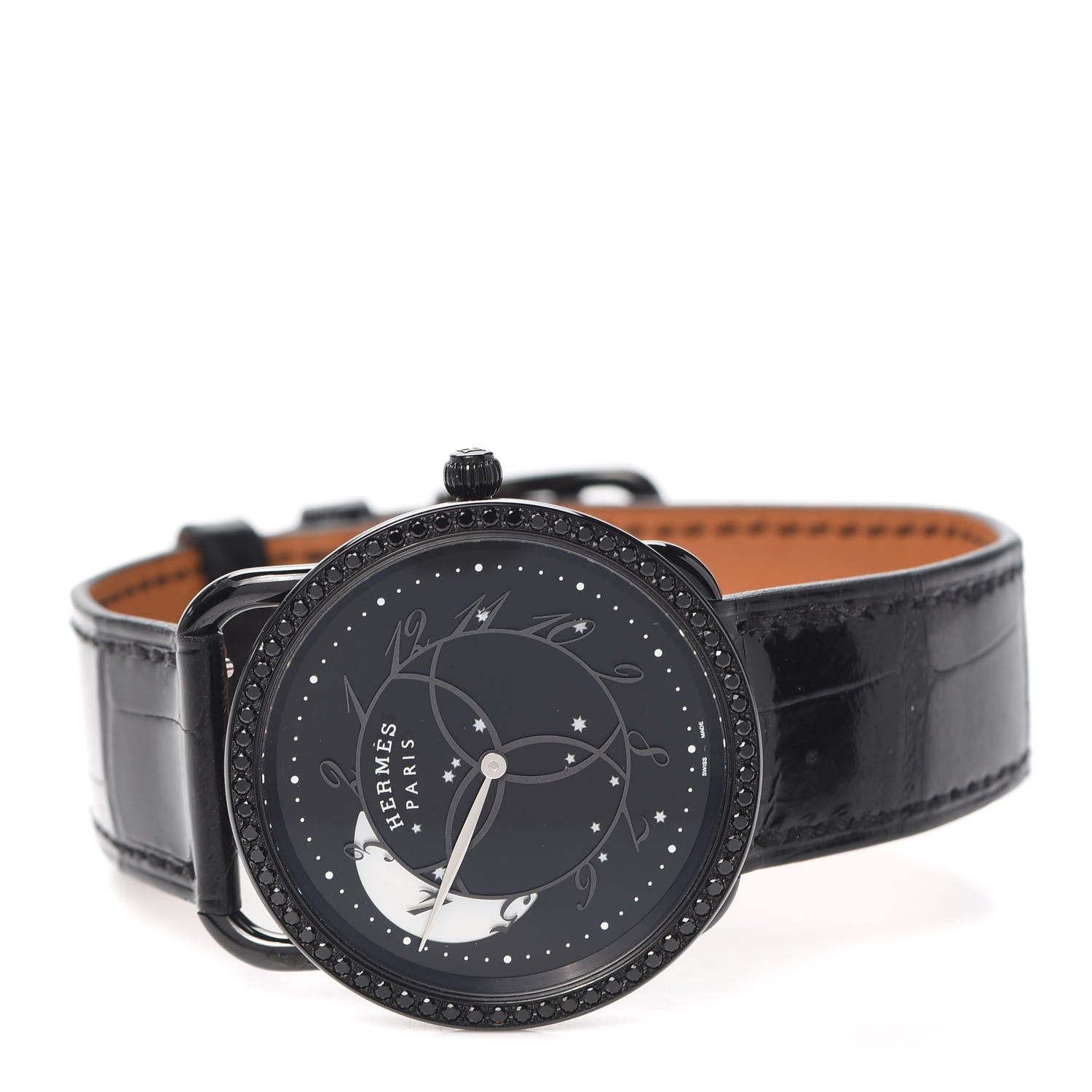 Hermes PVD Stainless Steel Alligator Black Diamond 36mm Arceau Ronde Des Heures Quartz Watch Noir 2 of 5