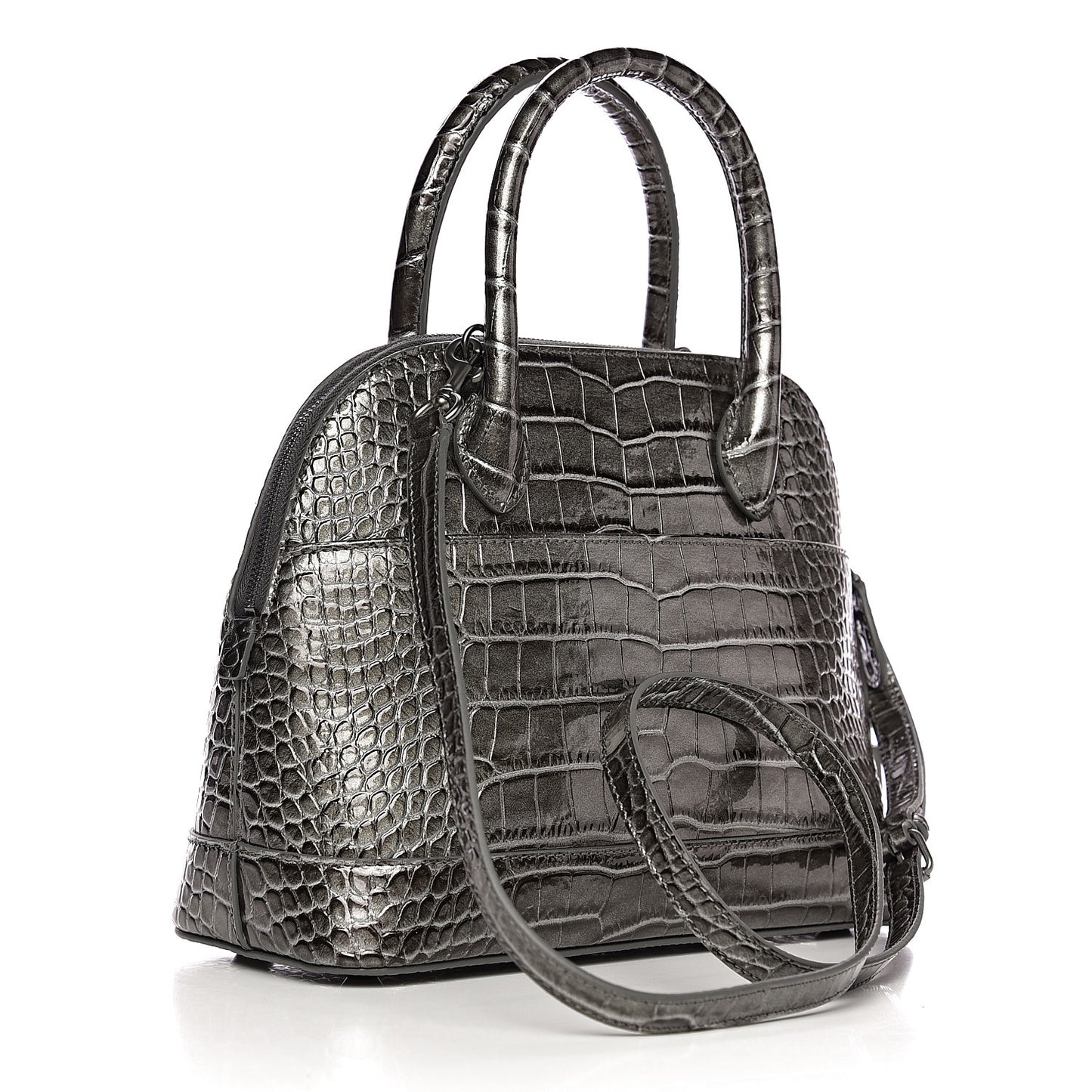Metallic Calfskin Crocodile Embossed S Ville Top Handle Bag Grey