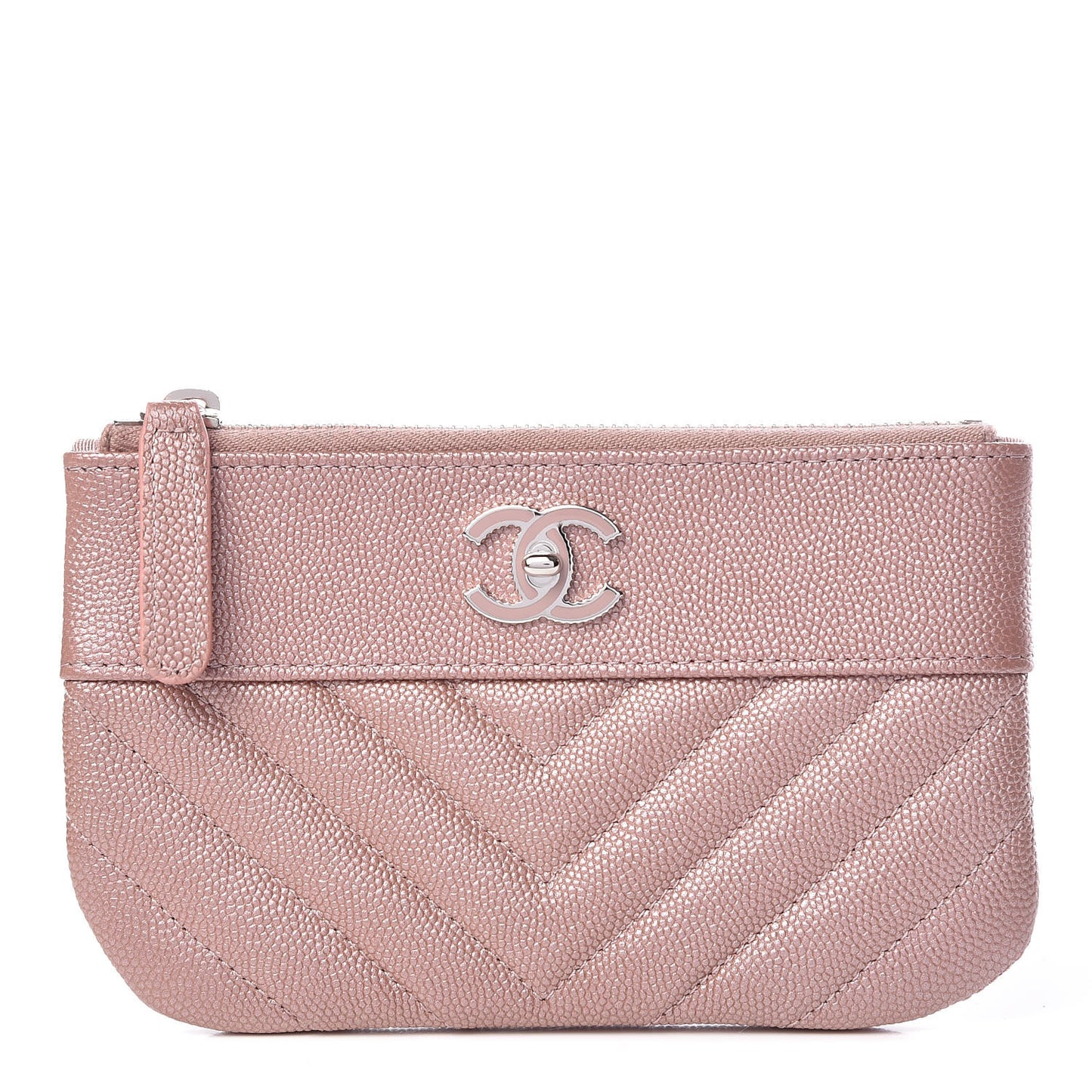 Metallic Caviar Chevron Quilted Small Vintage Mademoiselle Cosmetic Case Pink