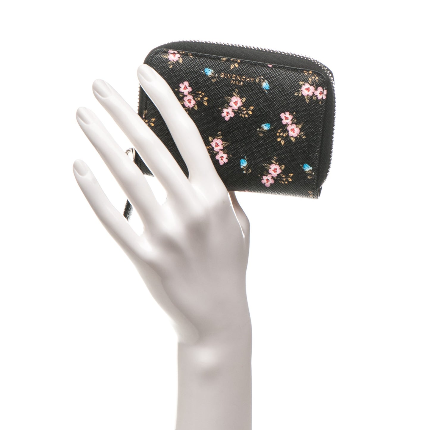 Textured Coated Canvas Hibiscus Print Mini Zip Wallet Black Multicolor