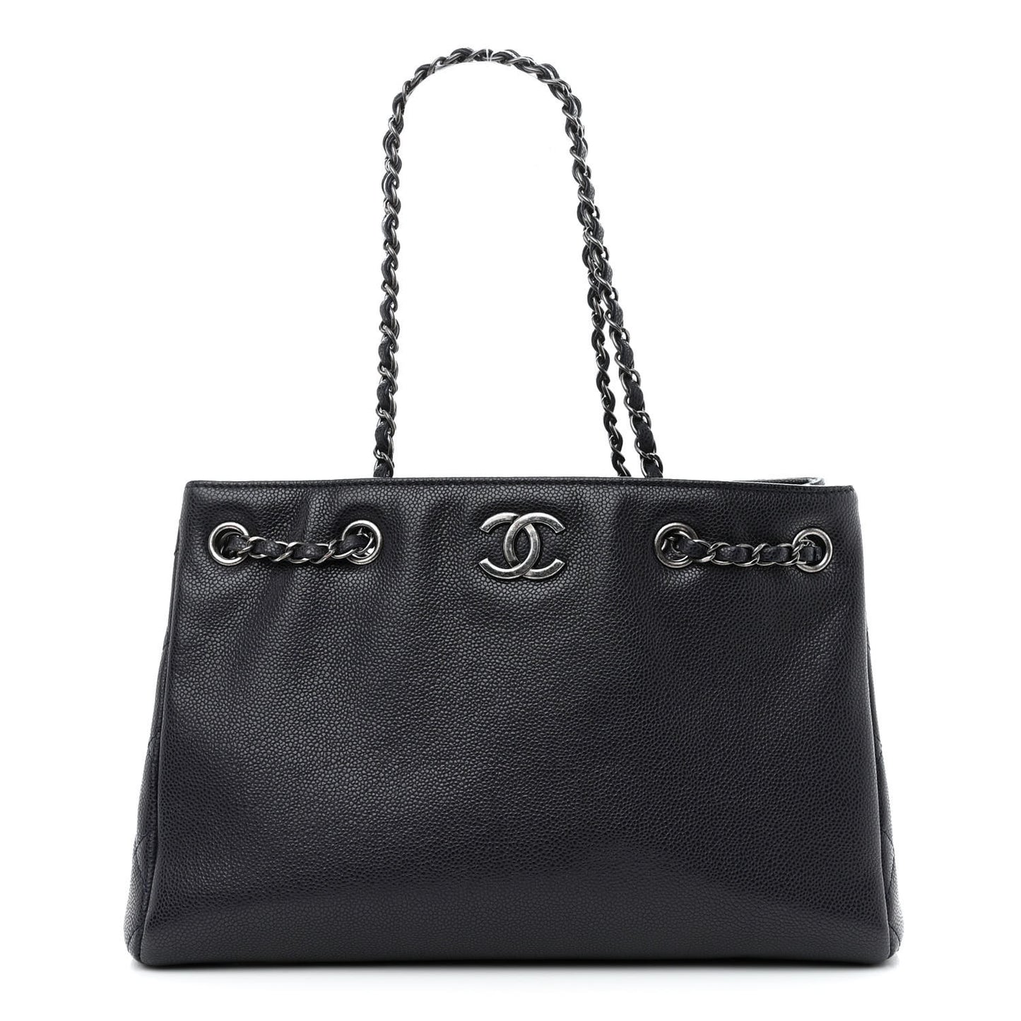 Metallic Grained Calfskin Woven Chain Medium Shopping Tote Dark Navy