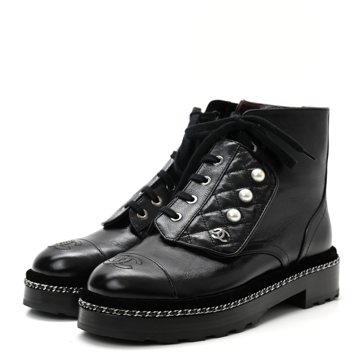 Crackled Calfskin Velvet Pearl Combat Short Boots 37.5 Black