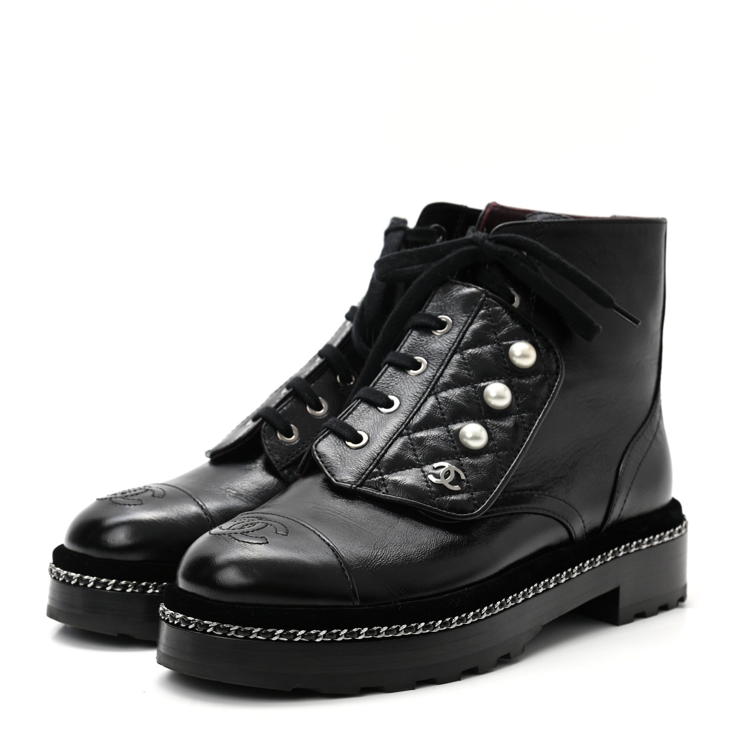 Chanel Crackled Calfskin Velvet Pearl Combat Short Boots 37.5 Black 3 of 8