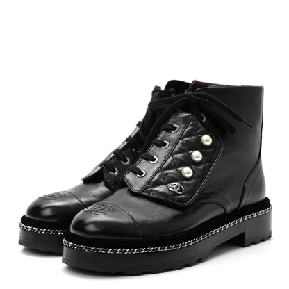 Chanel Crackled Calfskin Velvet Pearl Combat Short Boots 37.5 Black 3 of 8