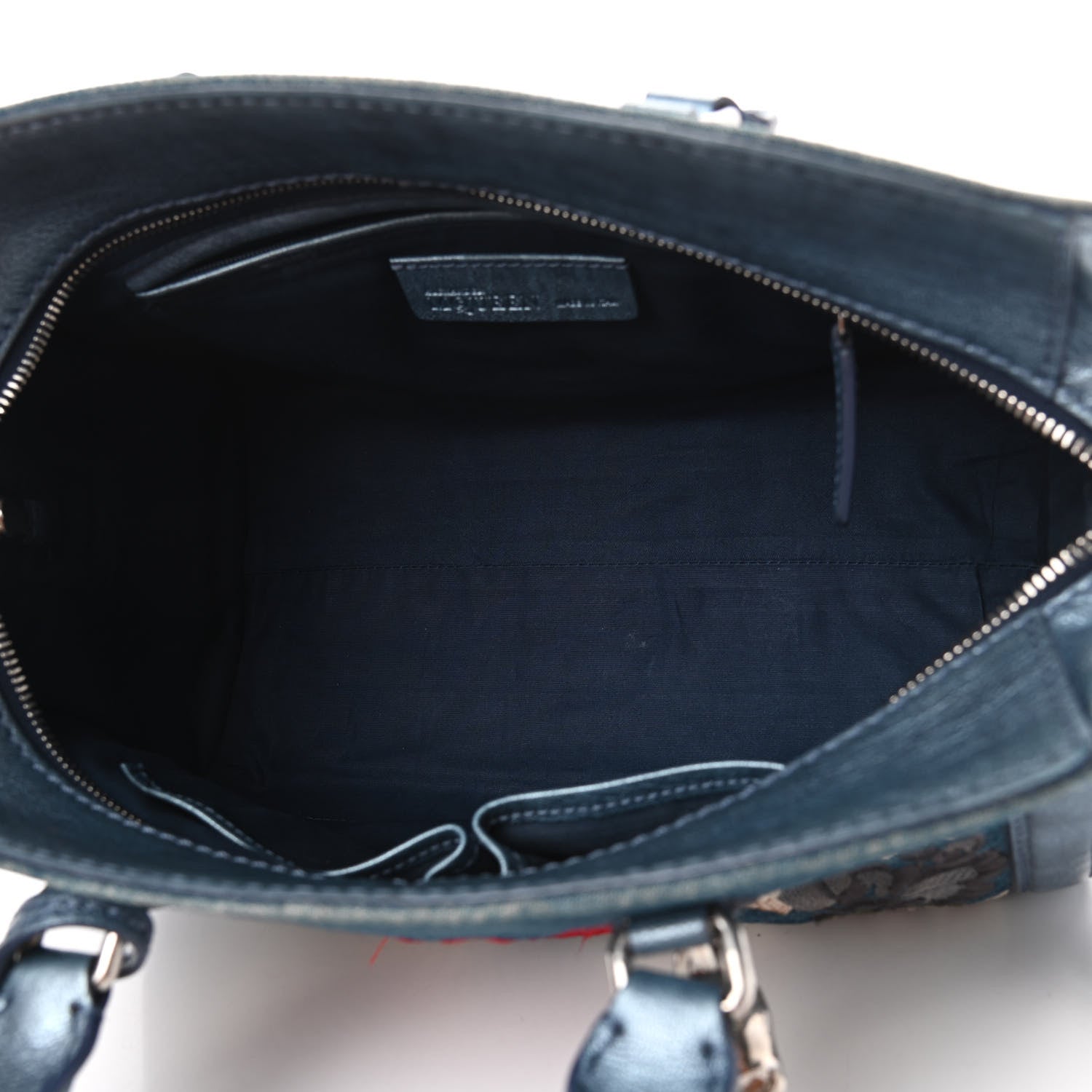Alexander McQueen Denim Floral Embroidered Small Skull Padlock Zip Around Tote Blue Multicolor 4 of 8