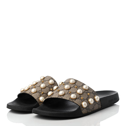 Gucci GG Supreme Monogram Slide Pearls Sandals 40 Beige 3 of 10
