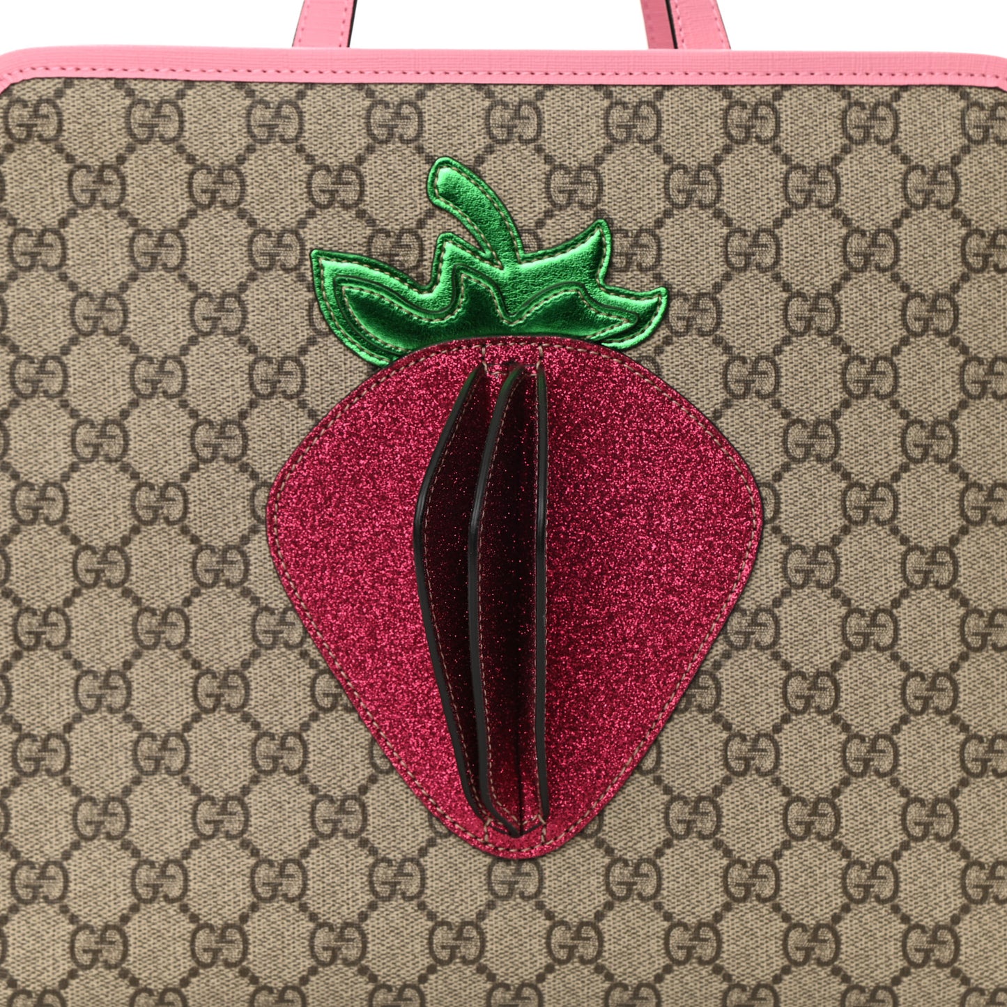 GG Supreme Monogram 3-D Strawberry Childrens Tote Beige Ebony Lotus Pink Fuxia Emerald