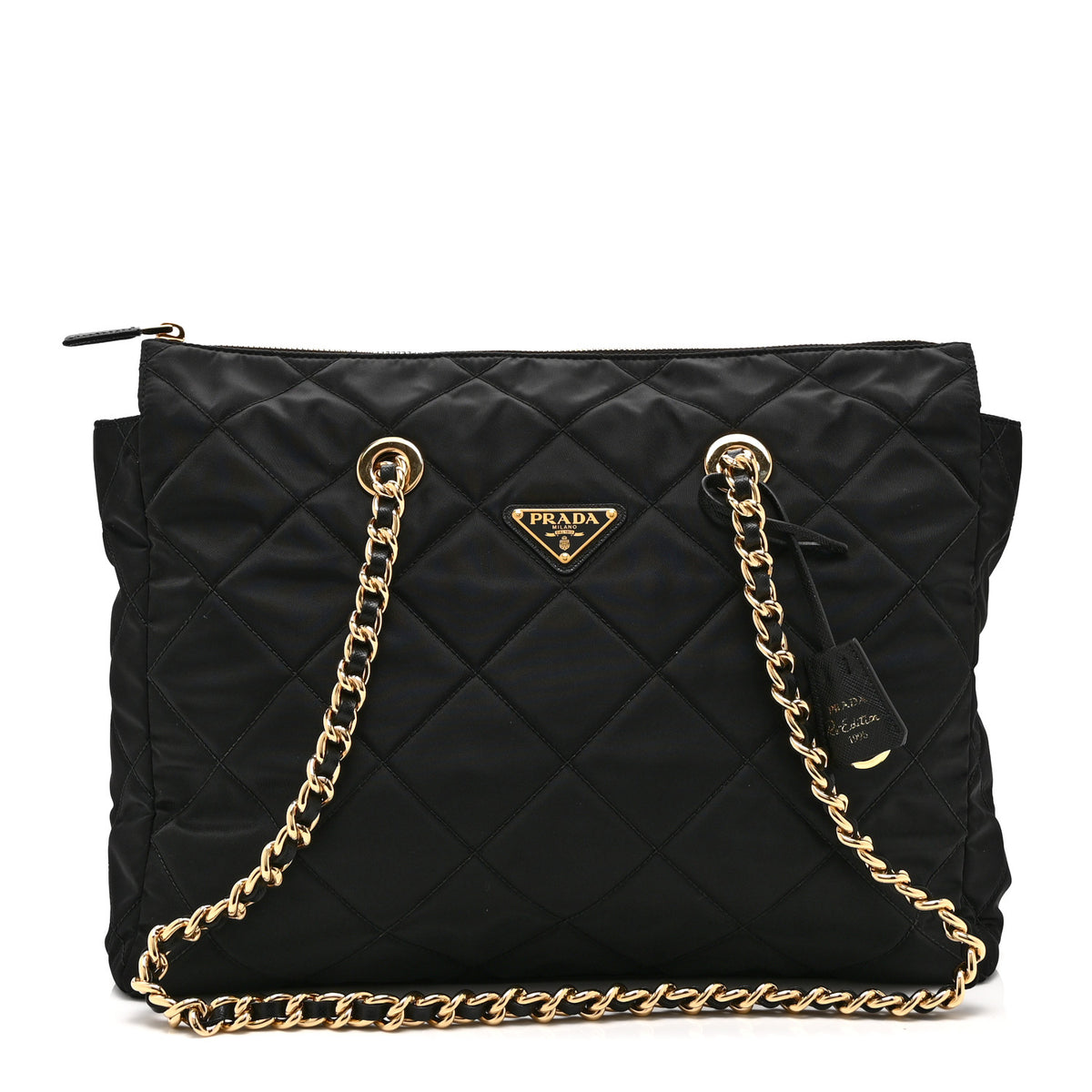 Re-Nylon Impunturato Saffiano Triangle Stitched Re-Edition 1995 Chaine Large Shoulder Bag Black