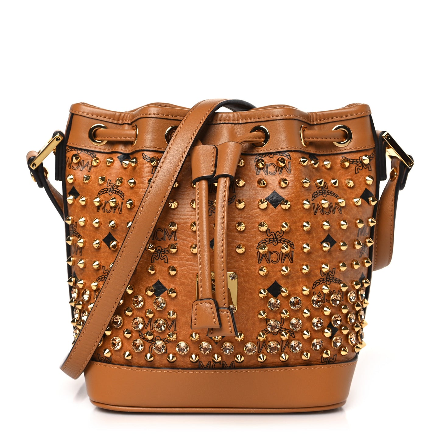 Visetos Swarovski Crystal Studded Mini Drawstring Bucket Bag Cognac