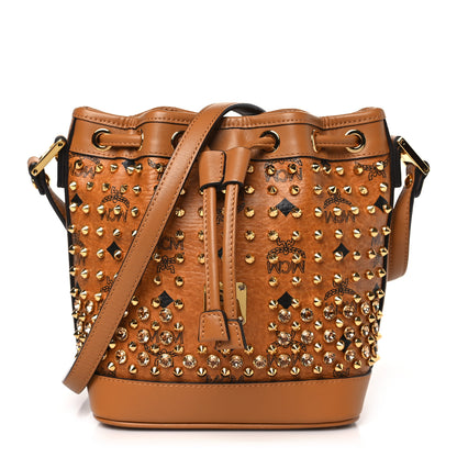 MCM Visetos Swarovski Crystal Studded Mini Drawstring Bucket Bag Cognac 1 of 9