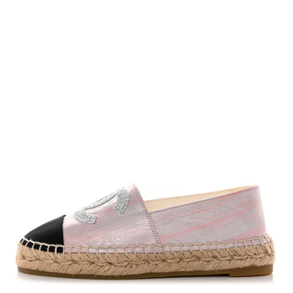 Chanel Laminated Lambskin Grosgrain Embroidered CC Espadrilles 36 Pink Silver Black 1 of 8