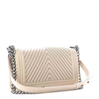 Chanel Calfskin Chevron Chain Medium Boy Flap Beige 3 of 10