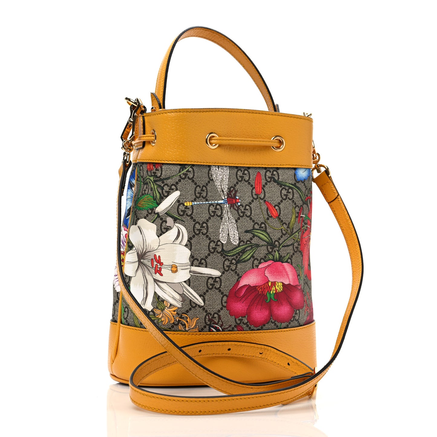 GG Supreme Monogram Flora Small Ophidia Bucket Bag Beige Multicolor Crop