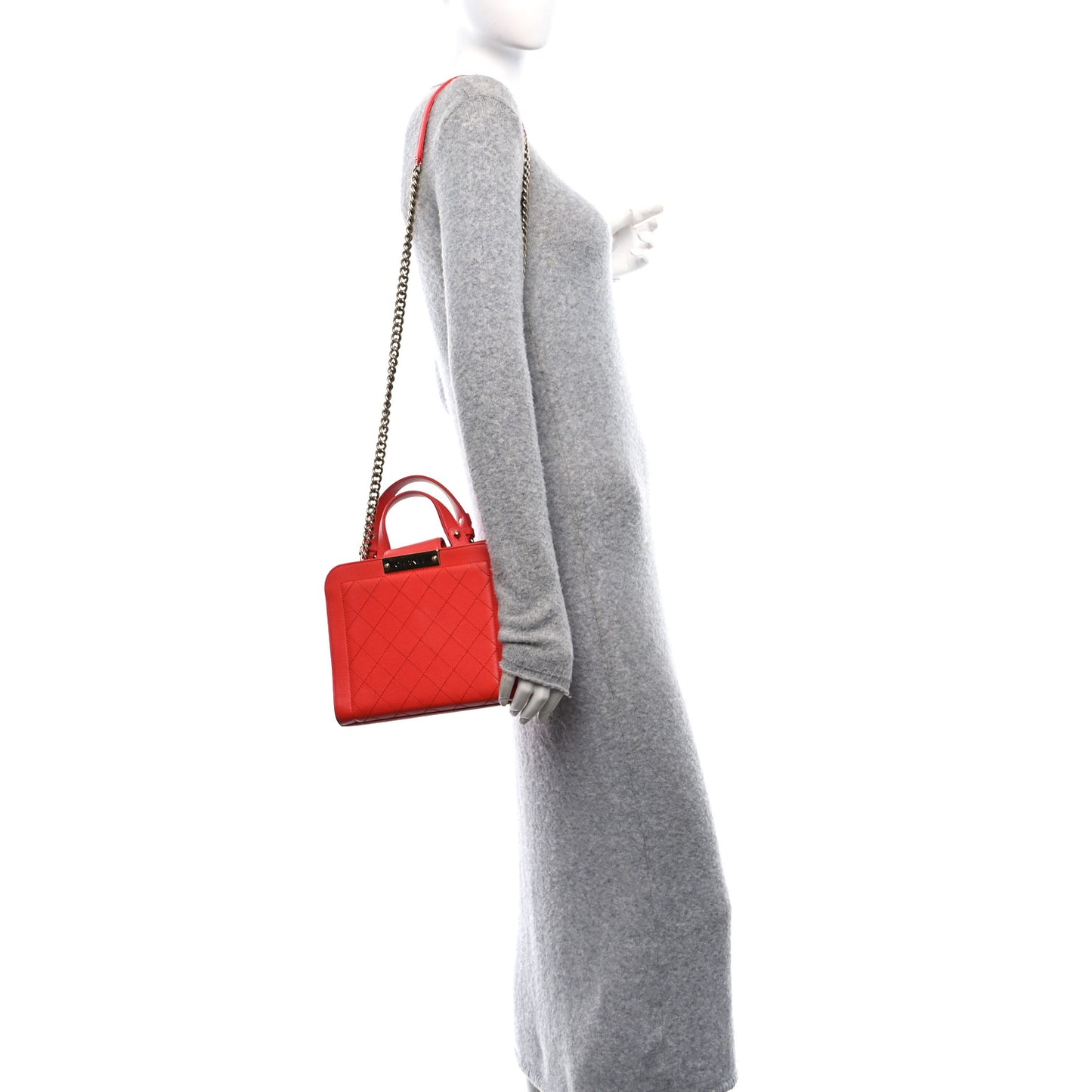 Grained Calfskin Stitched Small Label Click Shopper Tote Red
