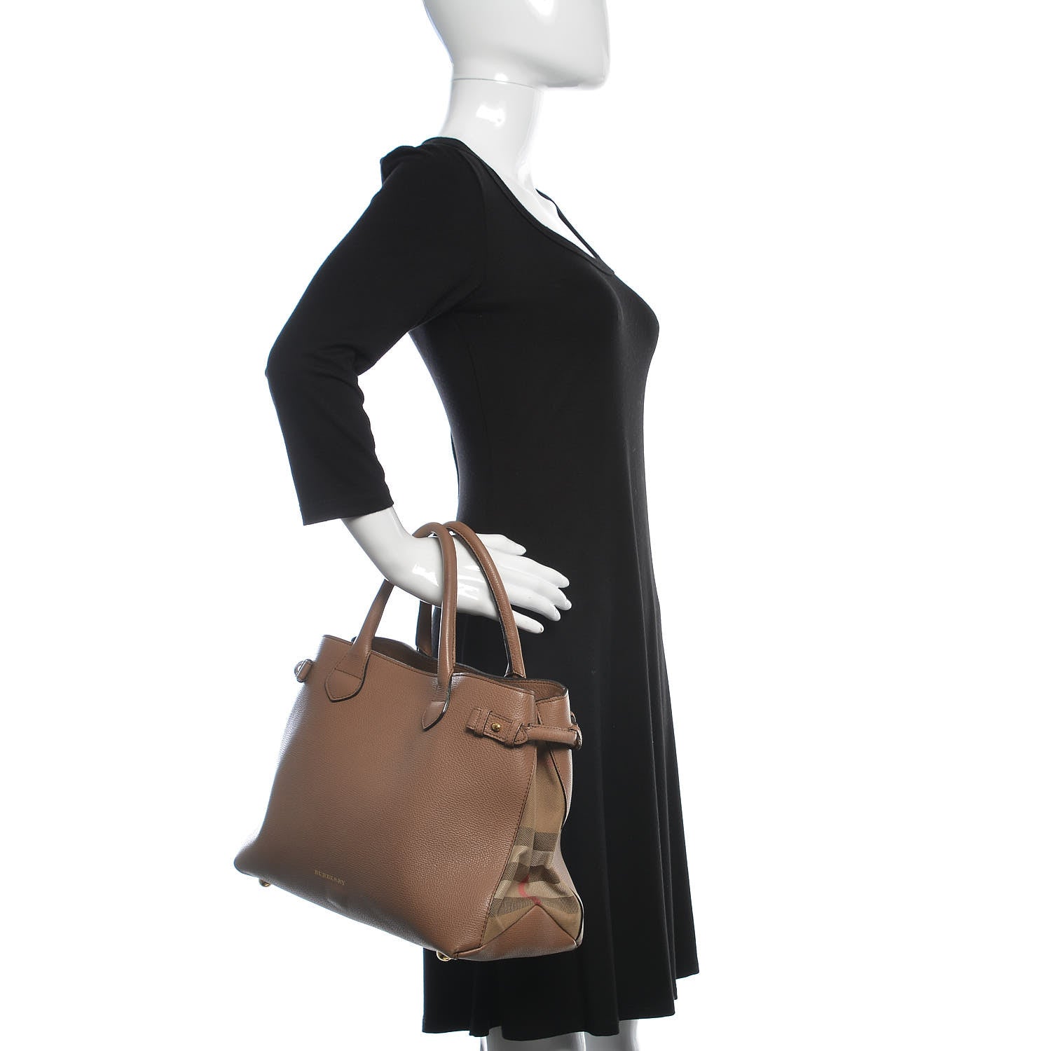 Burberry Grainy Calfskin House Check Medium Banner Tote Dark Sand 3 of 15