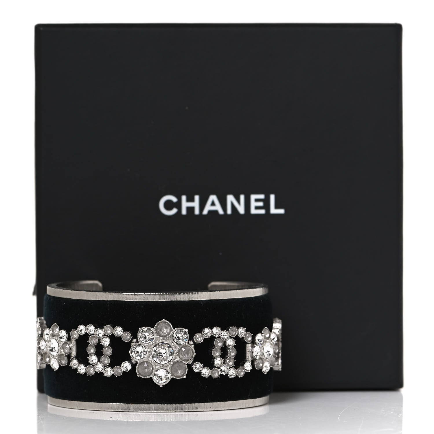 Chanel Metal Velvet Crystal CC Flower Cuff Bracelet Silver Black 6 of 6
