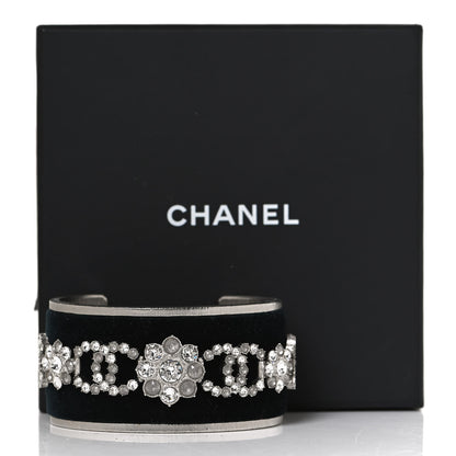 Chanel Metal Velvet Crystal CC Flower Cuff Bracelet Silver Black 6 of 6