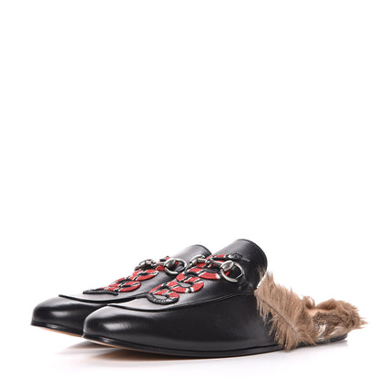 Gucci Calfskin Fur Kingsnake Embroidered Mens Princetown Slippers 8 Black 3 of 8