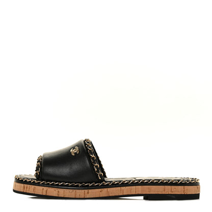 Chanel Lambskin Chain Cork Slide Sandals 39 Black 1 of 9