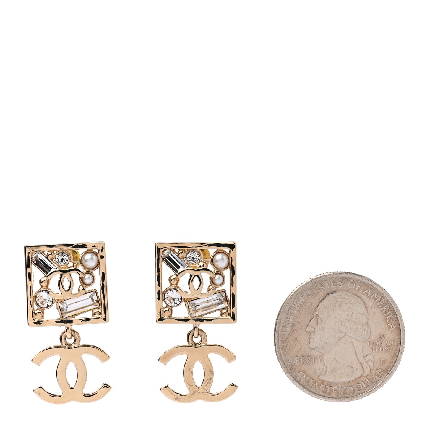 Crystal Pearl CC Square Drop Earrings Gold