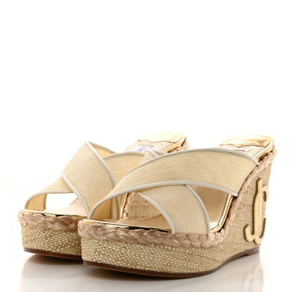 Jimmy Choo Metallic Mesh Raffia Dovina 100 Wedge Sandals 38.5 Latte Gold 3 of 8