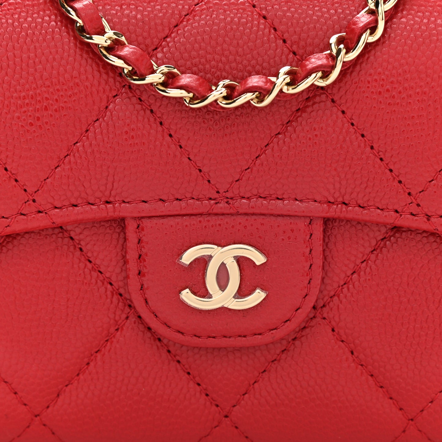 Caviar Quilted Flap Card Holder On Chain Red