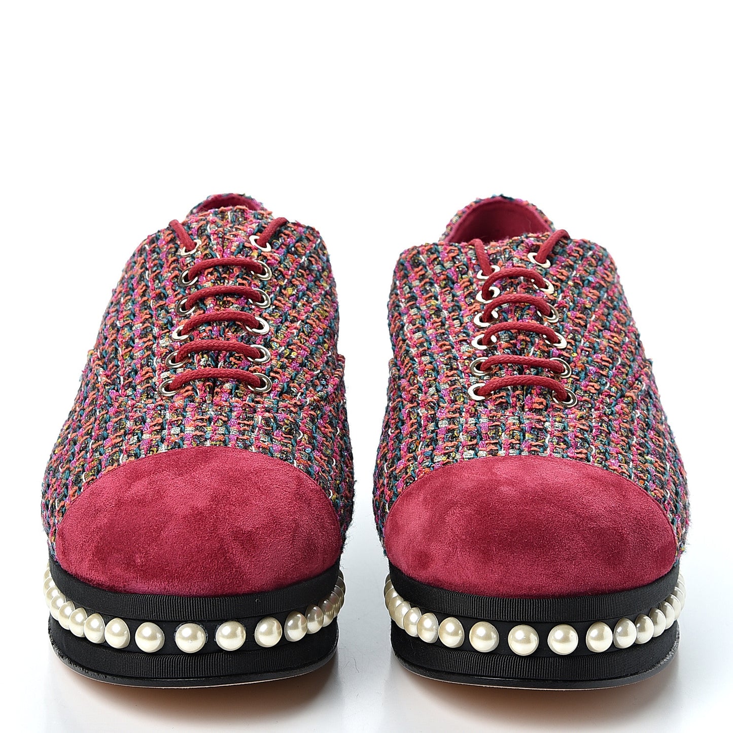 Tweed Calfskin Pearl Lace Up Sneakers 38.5 Fuchsia Orange Green Red