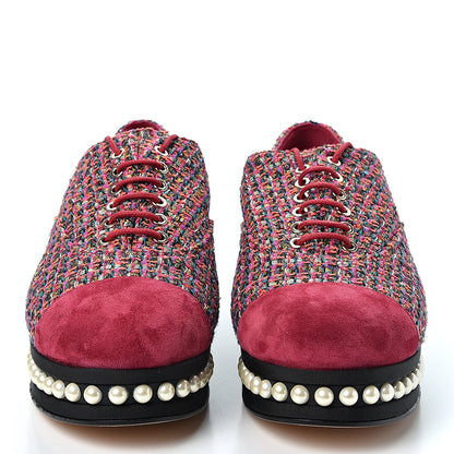 Chanel Tweed Calfskin Pearl Lace Up Sneakers 38.5 Fuchsia Orange Green Red 2 of 9