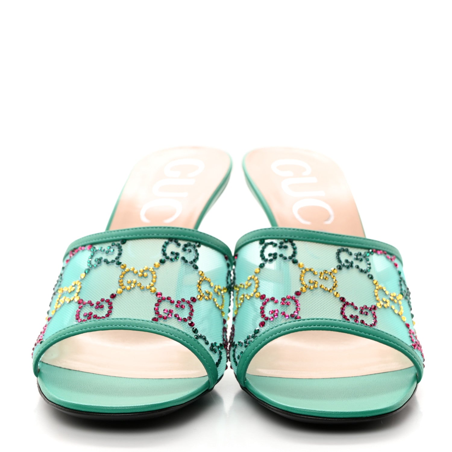 Gucci Tela Retino Nappa Crystal GG Monogram Square G 95mm Slide Sandals 39 Turquoise 2 of 11
