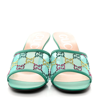 Gucci Tela Retino Nappa Crystal GG Monogram Square G 95mm Slide Sandals 39 Turquoise 2 of 11
