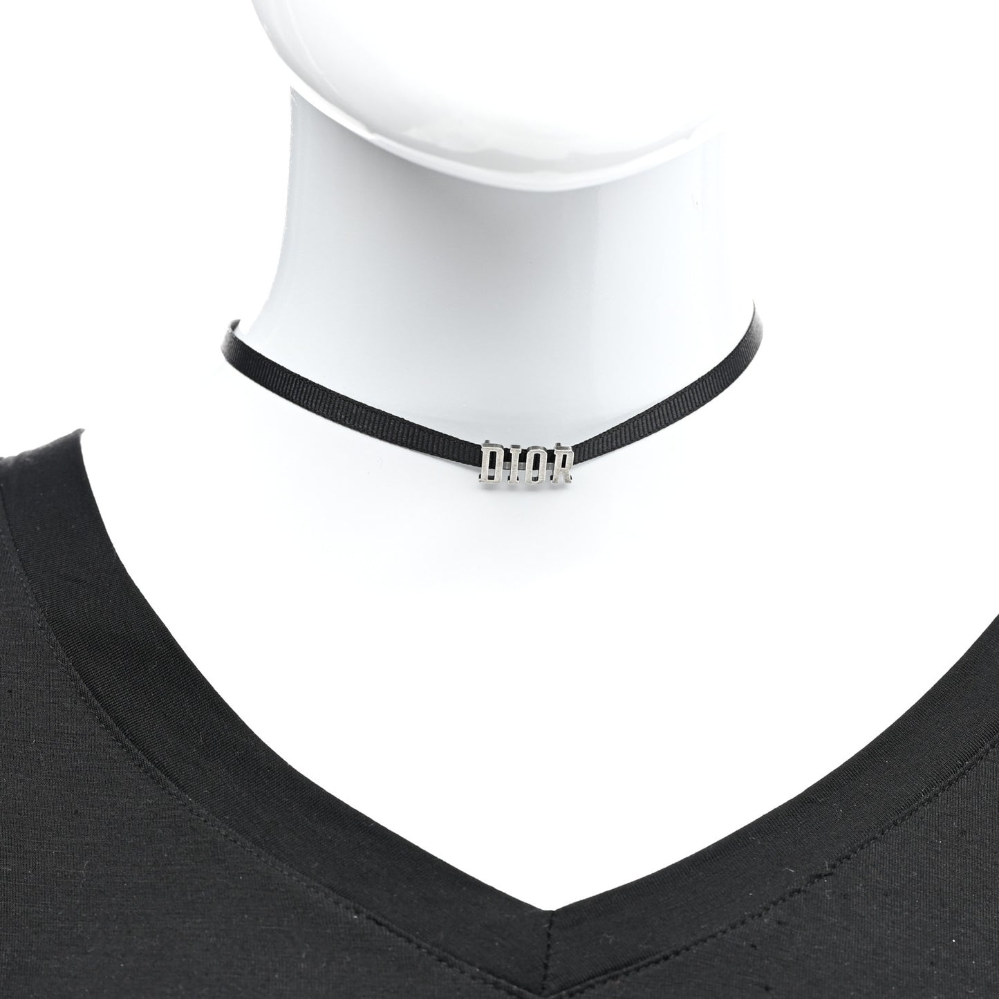 Grosgrain Ribbon Dior Logo Choker Necklace Black