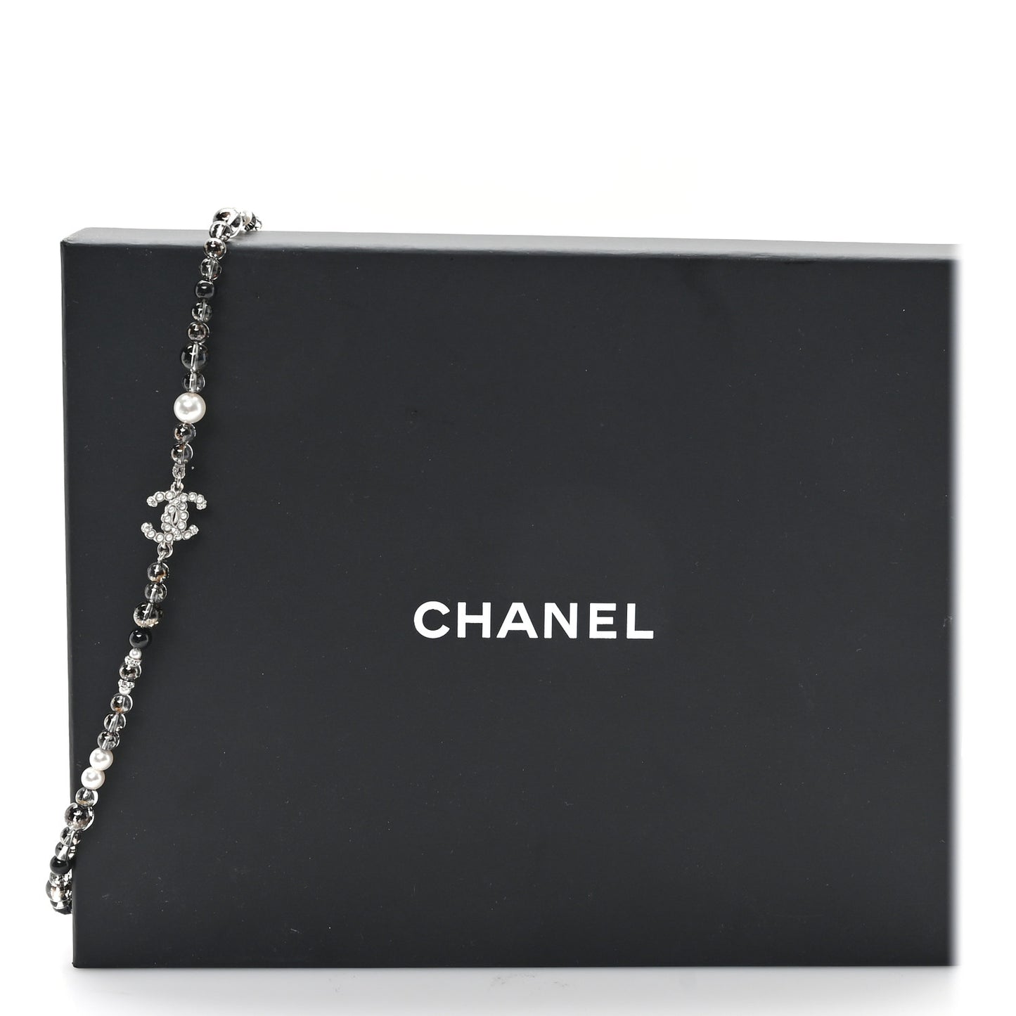 Pearl Crystal Bead CC Long Necklace Black