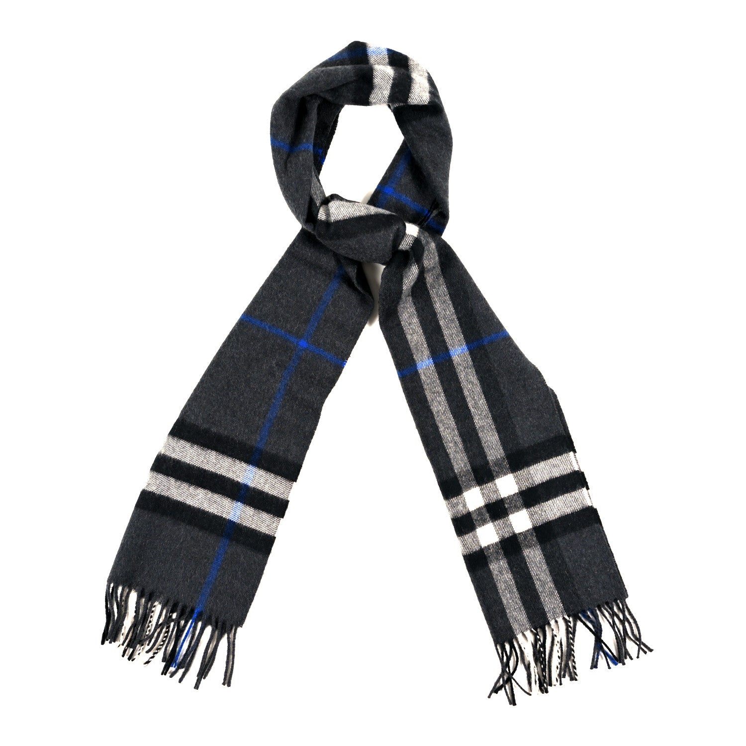 Burberry Cashmere Classic Check Fringe Scarf Dark Grey Blue 1 of 3