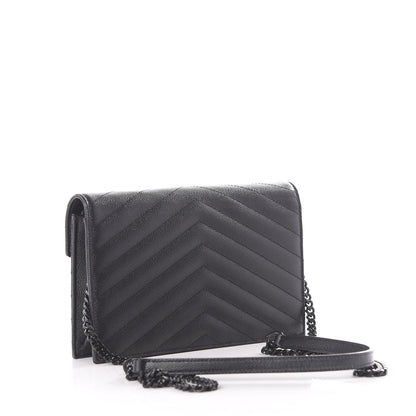 Saint Laurent Grain De Poudre Matelasse Chevron Monogram Envelope Chain Wallet Black 2 of 10