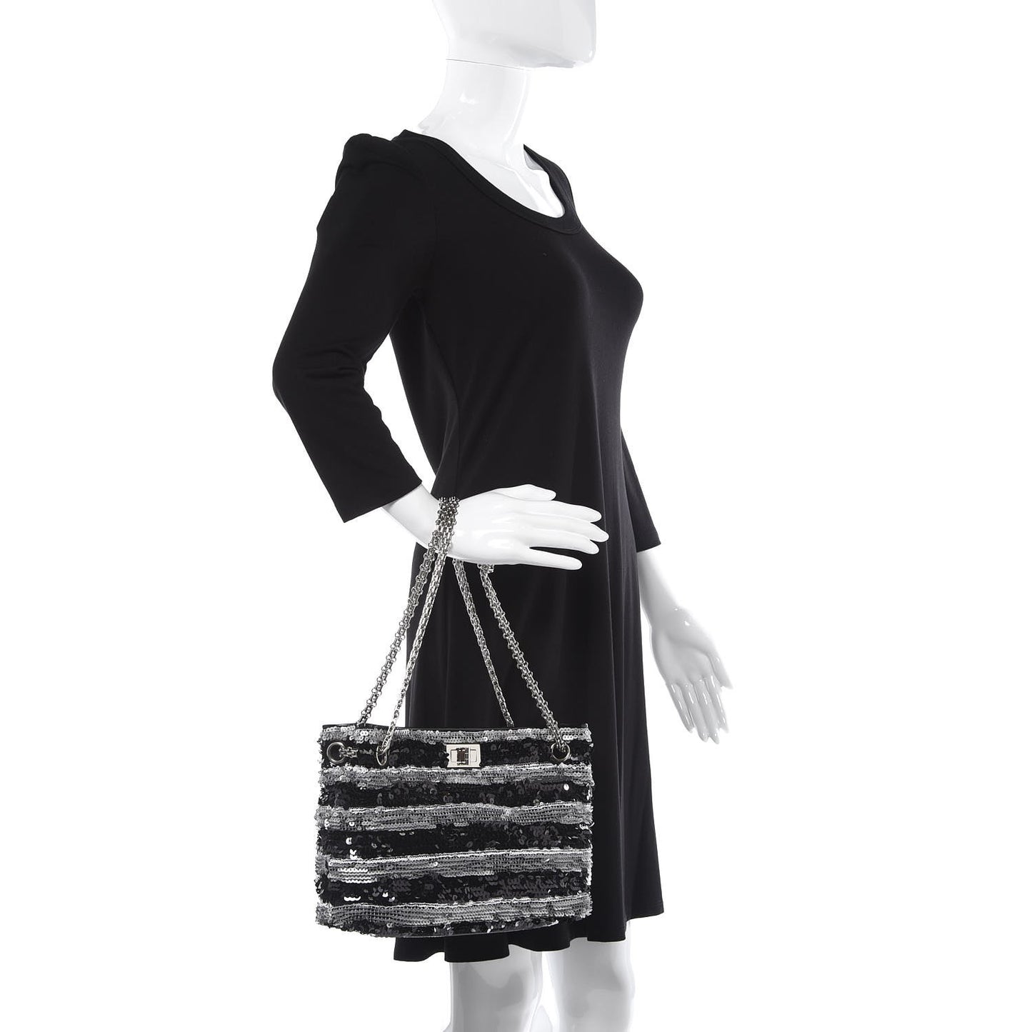 Sequin Striped Mademoiselle Tote Black Silver